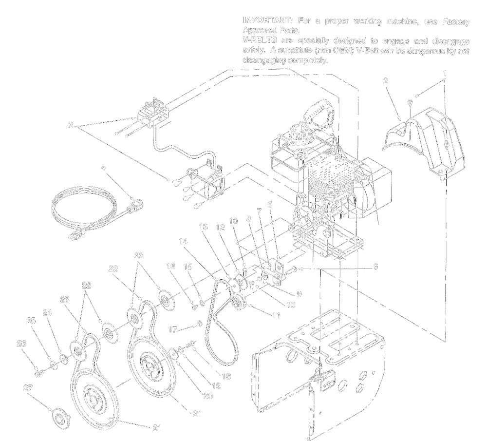 Engine And V-Belts Diagram and Parts List for 1999 Yard Machines Snow Blower
